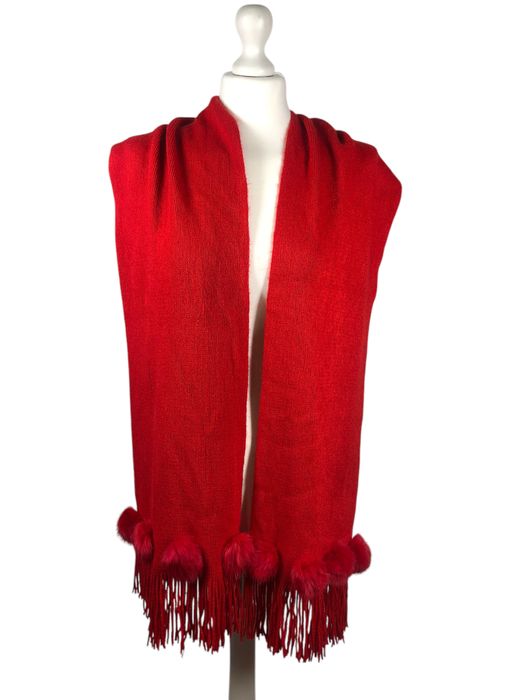 Zimowy szal z futrzanymi kulkami, futro naturalne królik, frędzle