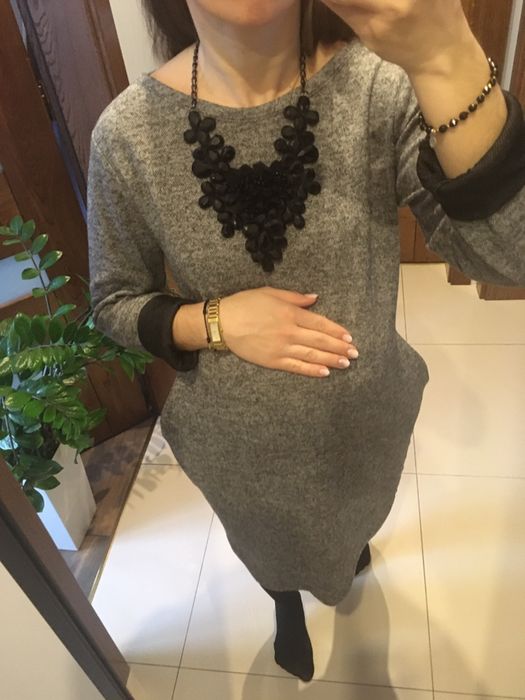 Szara sukienka S/M/L ciepla ciążowa z kieszeniami piękna wygodna