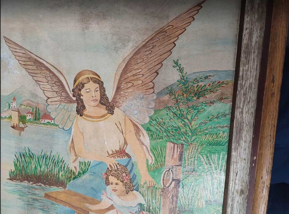 Art deco,obraz,olej,Anioł Stróż pilnuje dziecko