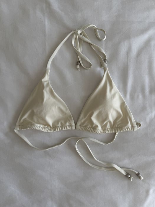 Biały strój kąpielowy dwuczęściowy z różą wysoki stan marszczone S 36