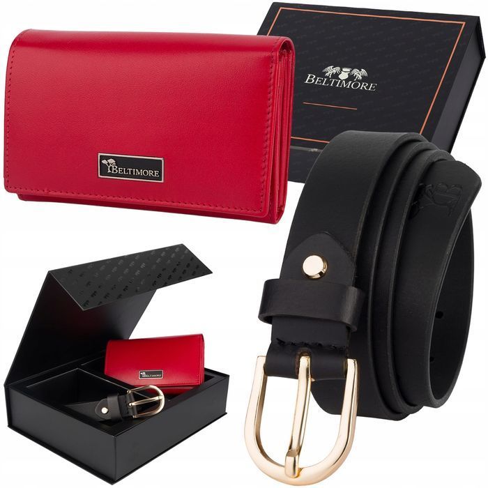 Zestaw prezentowy damski skórzany pasek portfel pudełko premium okazje
