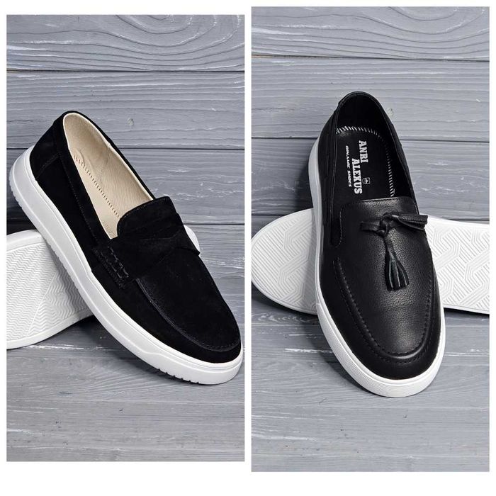 Мужские черные замшевые кожаные закрытые лоферы на светлой подошве!