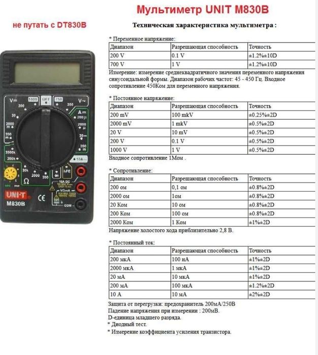 Мультиметр UNI-T M830B и  набор проводов с зажимами «крокодил» к нему
