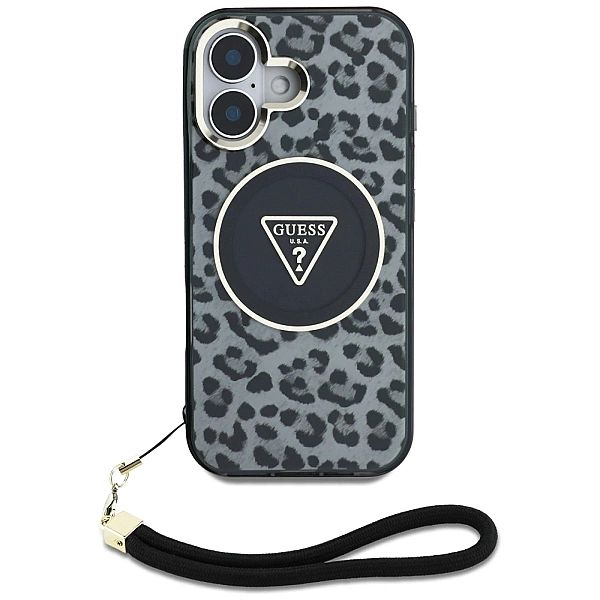 Etui Guess HC IML Leopard Triangle Cord Strap MagSafe do iPhone 16 - c