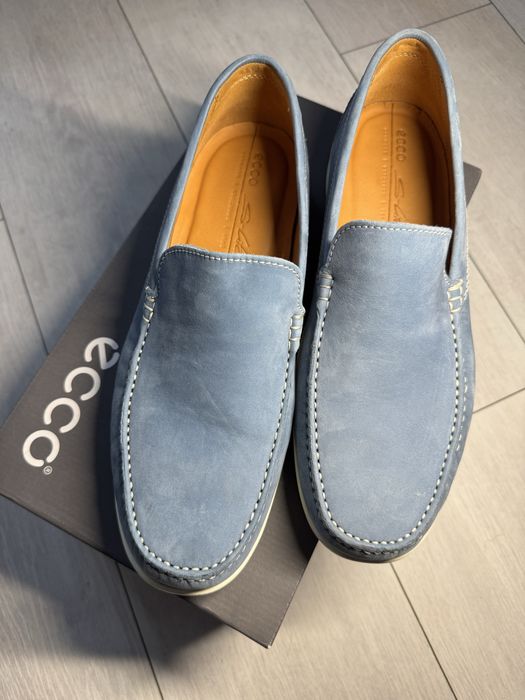 buty męskie mokasyny ecco skórzane niebieskie błękitne retro blue 44