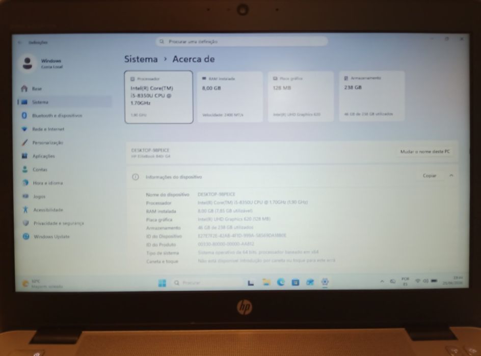 HP EliteBook 840 | Intel i5 8ª Gen | 8GB RAM | 256GB SSD NVMe