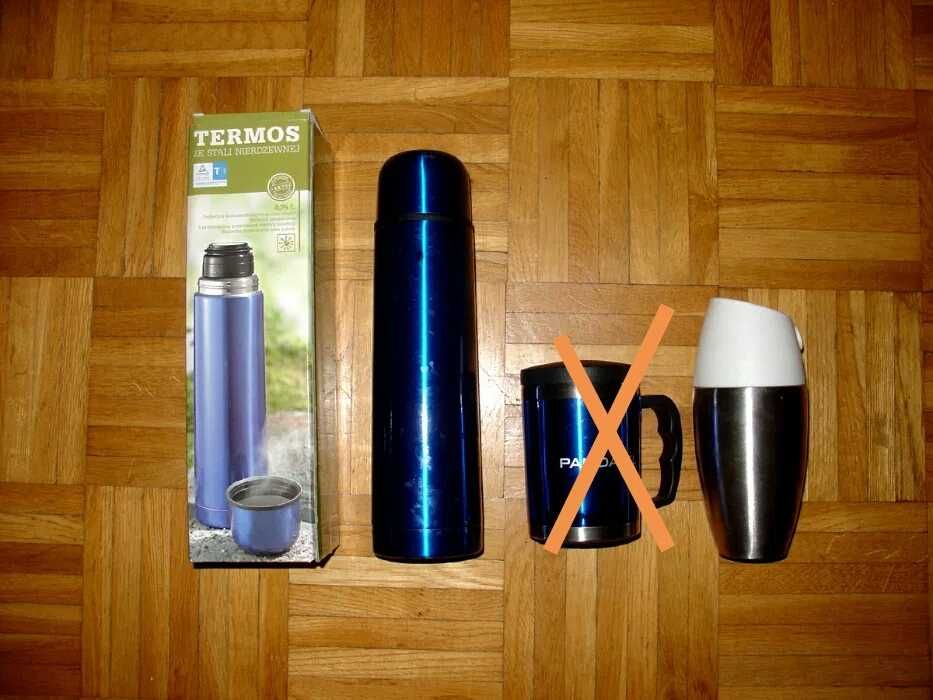 zestaw termiczny niebieski termos i kubek klick DUKA