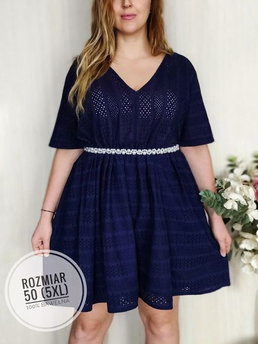 Granatowa ażurowa bawełniana rozkloszowana sukienka z krótkim rękawem plus size 50 5xl