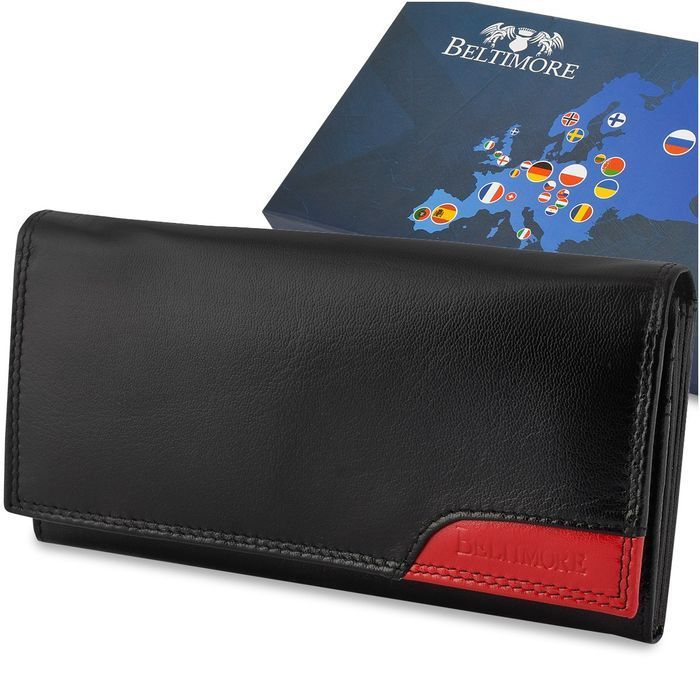 Damski skórzany portfel duży poziomy retro RFiD czarny pojemny modny