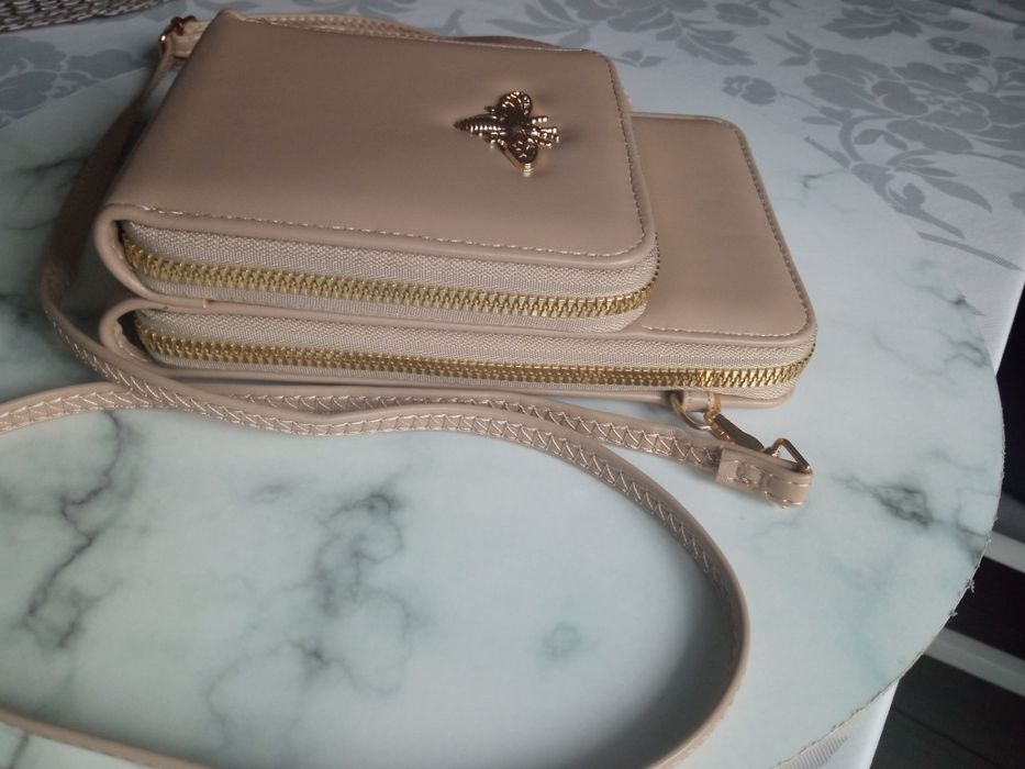 Torebka kopertówka damska, beżowa, mała torebka, NOWA