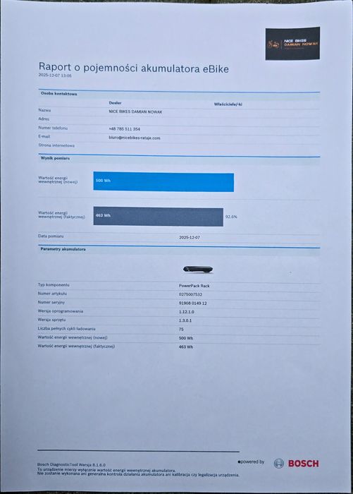 Bateria Akumulator BOSCH POWERPACK 500Wh na bagażnik 75 cykli 93% spra