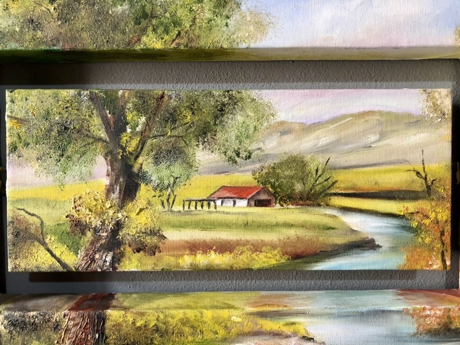 Quadro Tela Yvone Original Assinado Motivo “Paisagem Riacho e Casa”