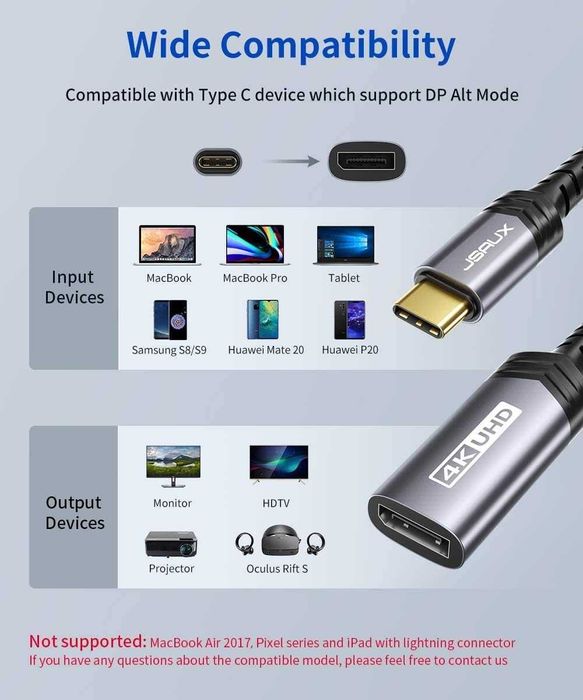 Adapter Przejściówka Usb-c Na Displayport 4k 60 Hz Wytrzymała Nylon