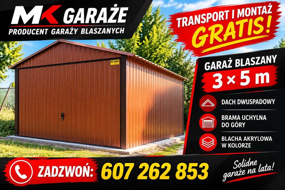 Garaż blaszany 3x5 Dwuspadowy Blaszak – PRODUCENT – TRANSPORT I MONTAŻ GRATIS