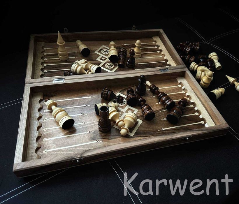 Дерев'яні Різьблені Шахмати Ручної Роботи (Шашки + Нарди)