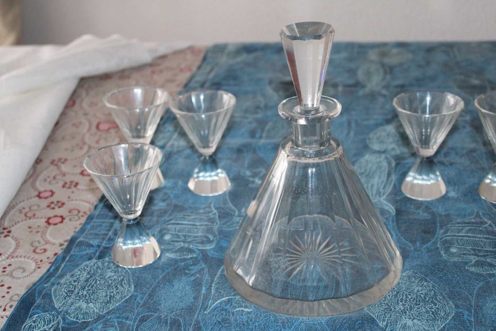 Conjunto de Garrafa e 5 copos cristal, arte Nova beleza e raridade