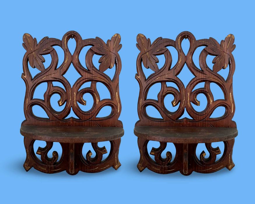 Prateleira Rústica de Madeira Entalhada (par)