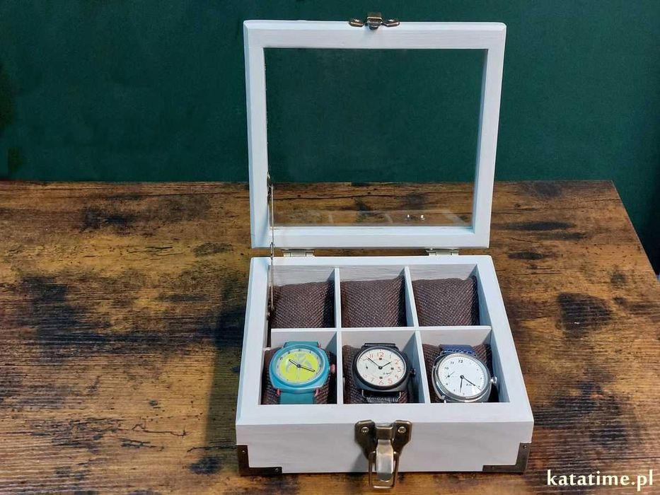 SKRZYNECZKA kasetka pudełko etui na 6 zegarków. DREWNIANA hand made