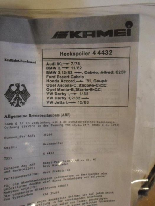 Спойлер Kamei BMW E21, E30, Audi 80, Opel Ascona, VW Jetta,Ford Escort