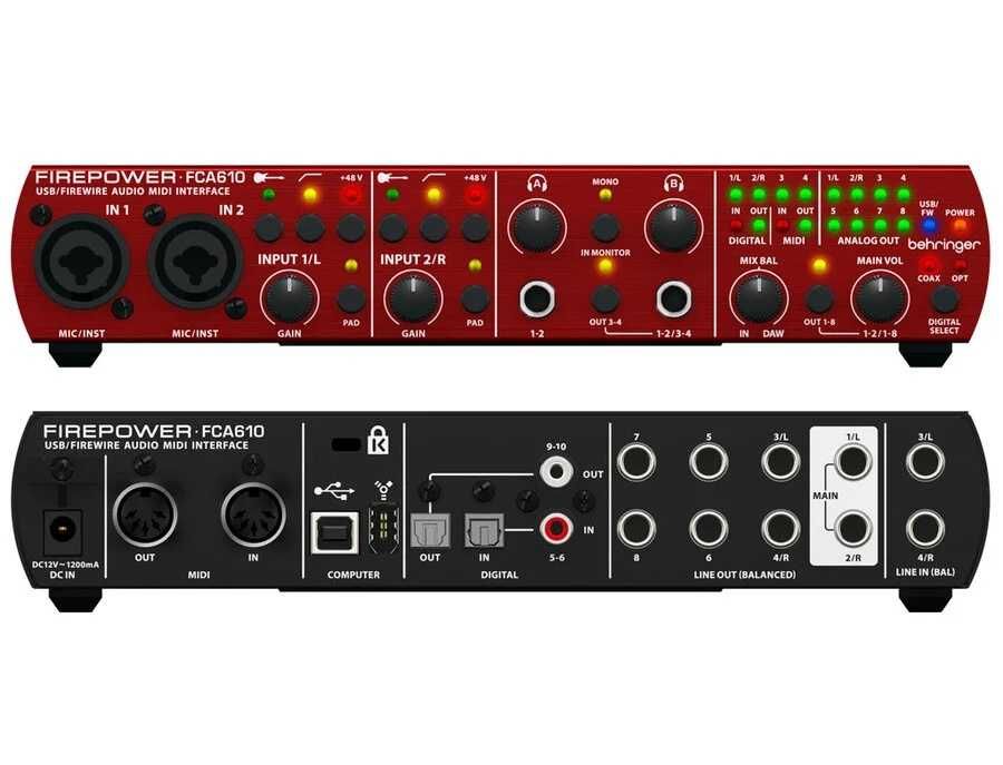 Interfejs audio BEHRINGER FIREPOWER FCA610 audiofilski FireWire/USB/MIDI 6 wejść/10 wyjść, 24-Bit/96 kHz z MIDAS