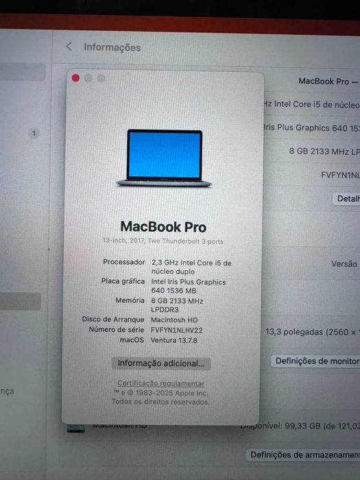 MacBook Pro 13” 2017 – Intel Core i5 – 8GB RAM – SSD 128GB