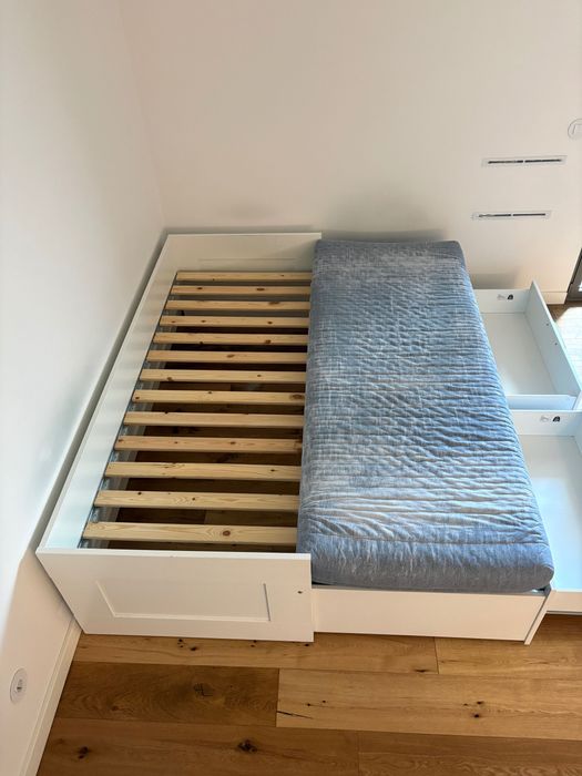 Cama individual/dupla BRIMNES, branca, 80×200 cm, com 2 gavetas e colchões