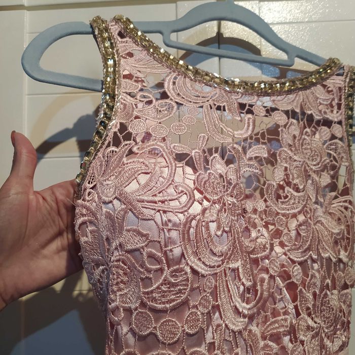 Suknia długa/wieczorowa/pudrowy róż/ koronka/