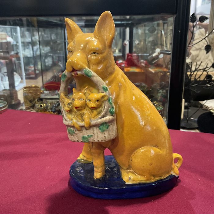 Figurine vintage stafffordshire yellow cerâmica pig/piglets 17 cm