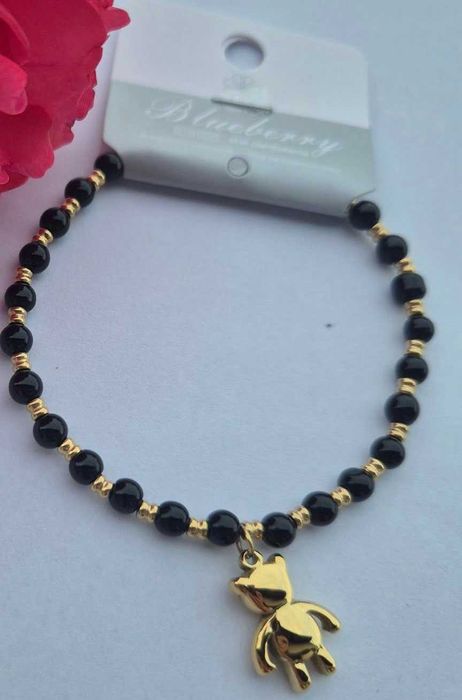 Bransoletka Blueberry złoty miś misiu koraliki stal 316L