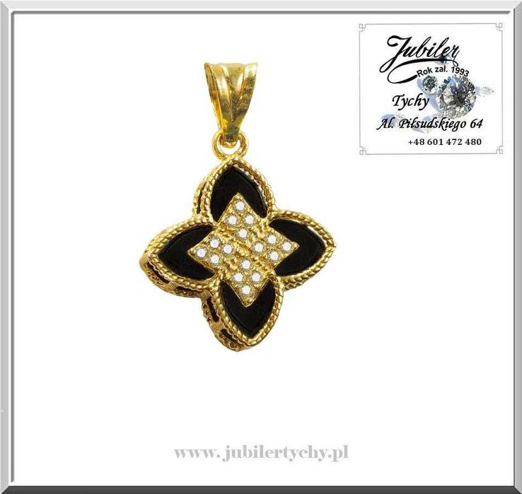 Złoty wisiorek czarny kwiat kwiatek z onyksami Złoto 585