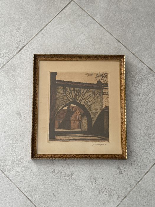 Stara akwaforta architektura kosciol zamek sygnowana
