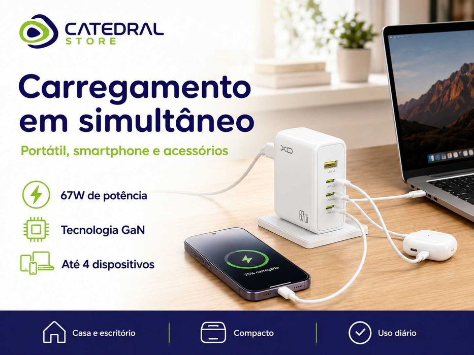 Carregador XO 67W GaN 3x USB-C + USB-A | Carga Rápida