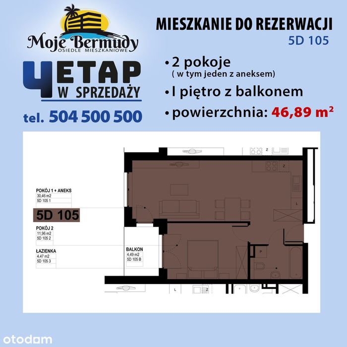 2 pokoje 46,89m²- nowe mieszkanie Gorzów Wlkp. - Wawrów , Moje Bermudy