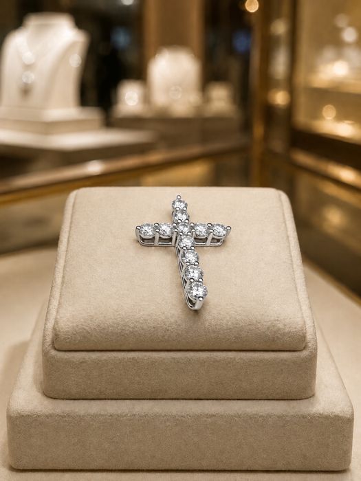 Золотий хрестик з CVD діамантами, 1.10 ct.,біле золото!