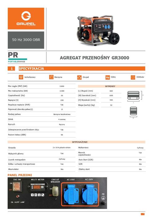 Agregat prądotwórczy benzynowy 230/400V 1F 3kW przenośny GR3000