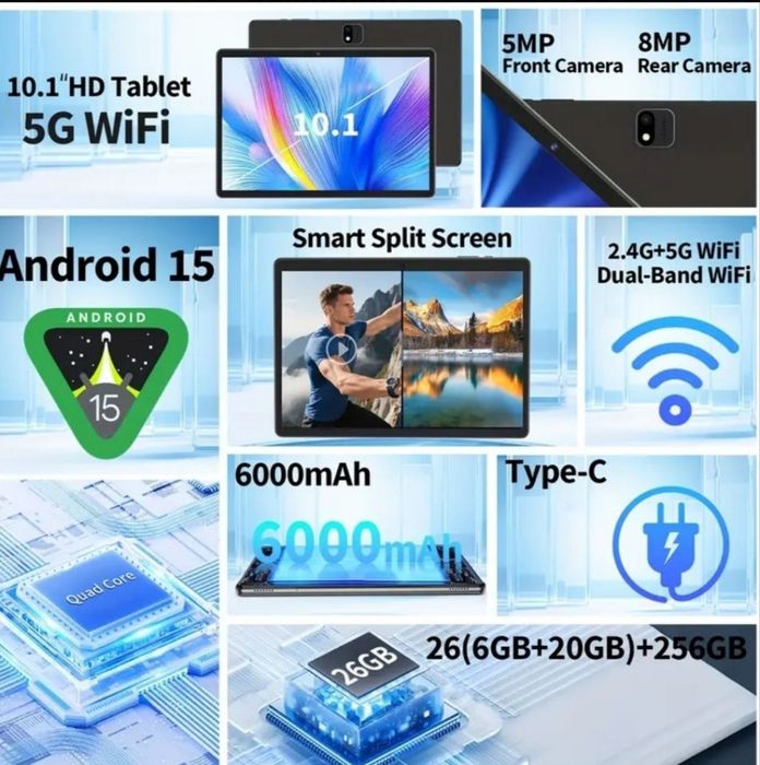 Nowy Tablet 10.1" Android 15 | 26GB RAM (6+20) | 256GB | Zestaw Akcesoriów