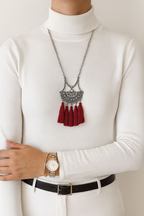 Colar boho chic prateado e bordeaux - Novo!