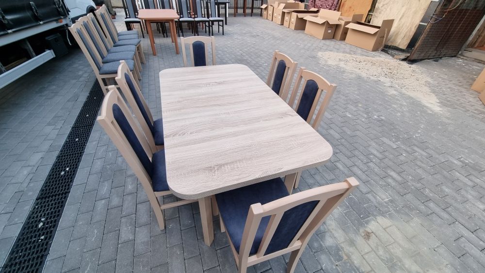 Nowe: Stół 80x140/180 + 6 krzeseł, sonoma + metaliczny granat ,TRANSPL