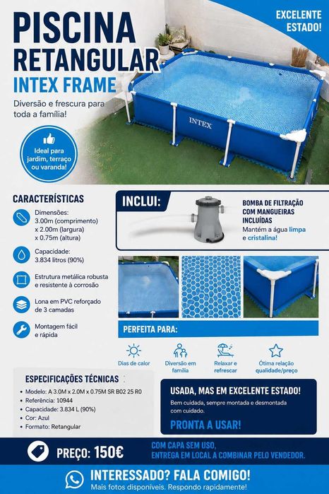Piscina Intex 300x200x75 c/ Bomba + Capa Sem Uso - Excelente