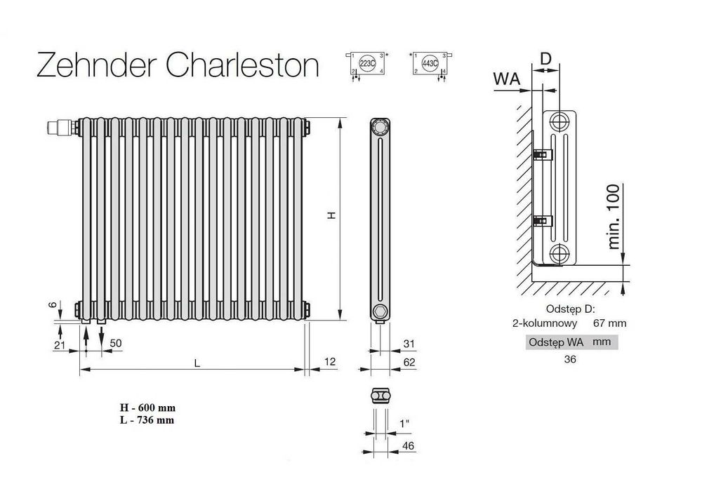 Grzejnik Zehnder Charleston 60x74 cm | 16 żeberek | idealny stan