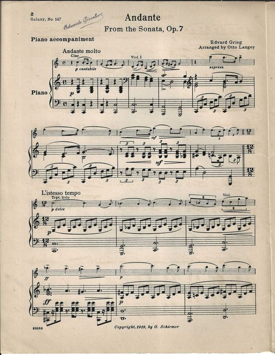 Partitura Antiga Clássica (1919) - Edvard Grieg / E. Napravnik