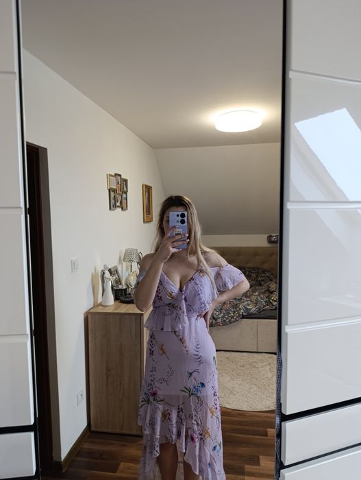 Sukienka koktajlowa wesele letnia przewiewna falbanki siatka s modna