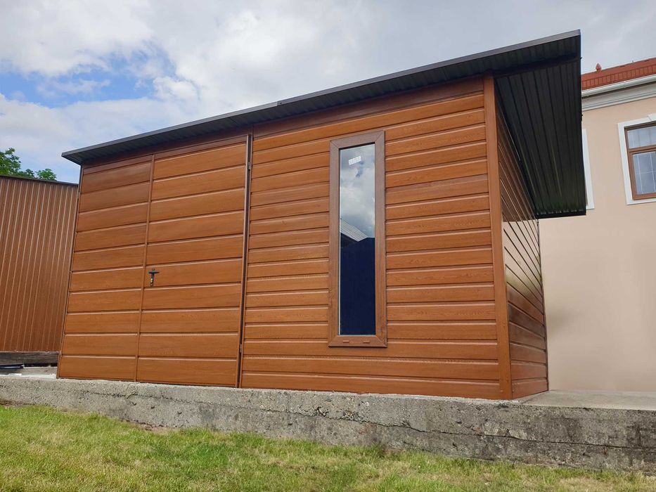 Domek ogrodowy 4x3m- złoty dąb ciemny + zadaszenie + okno premium