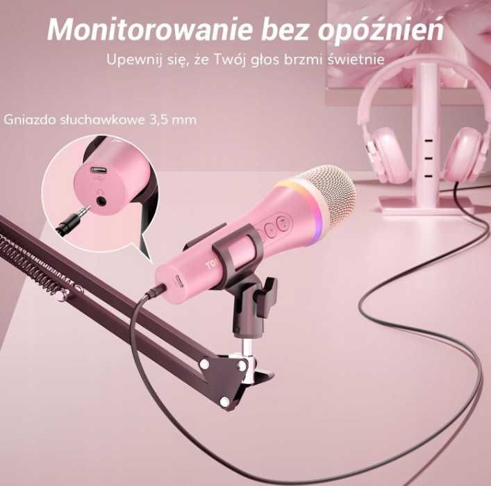 Tonor Mikrofon Dynamiczny USB Typ C RGB Różowy do Gier Podcast Karaoke