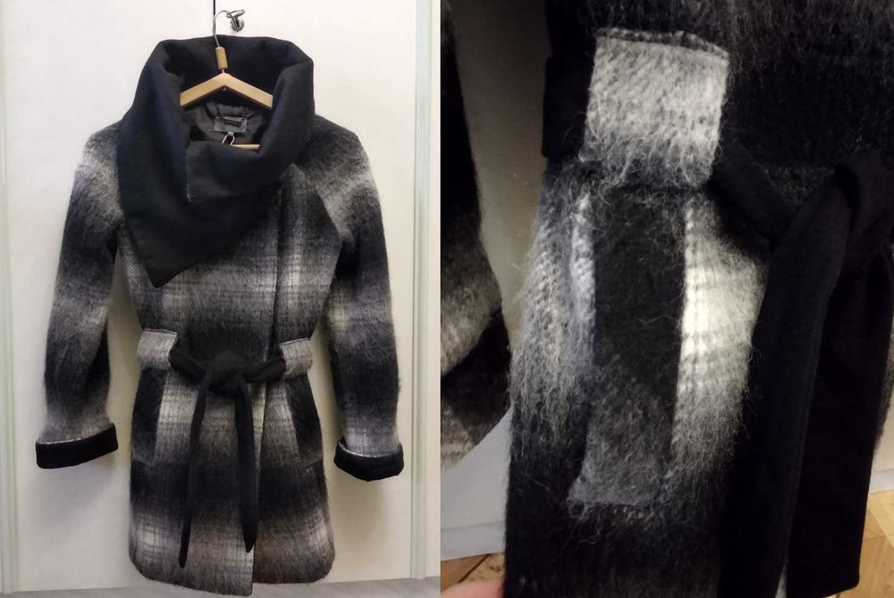Пальто сіре в клітинку, серое пальто в клетку 30% шерсть пальто халат