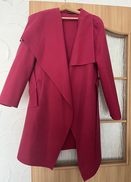 Płaszcz flauszowy elegancki wiązany FUKSJA