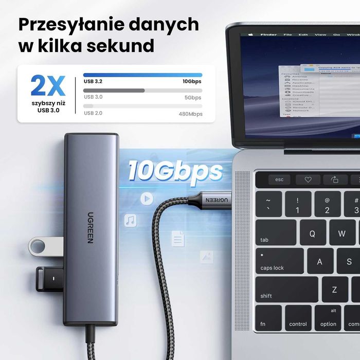 UGREEN Hub Ethernet USB C, adapter Ethernet 10 Gb/s USB 3.2 z 2 portami USB-C, 2 x port USB-A i 1 x adapter sieciowy RJ45