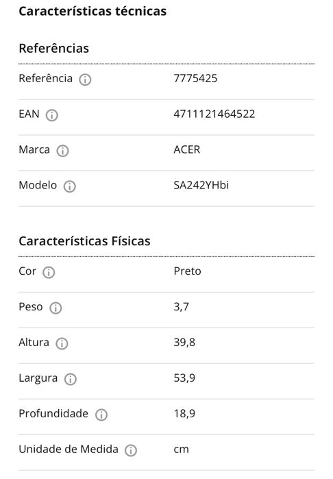 Como novo - Monitor ACER SA242YHbi (23,8'' - Full HD - 100 Hz)