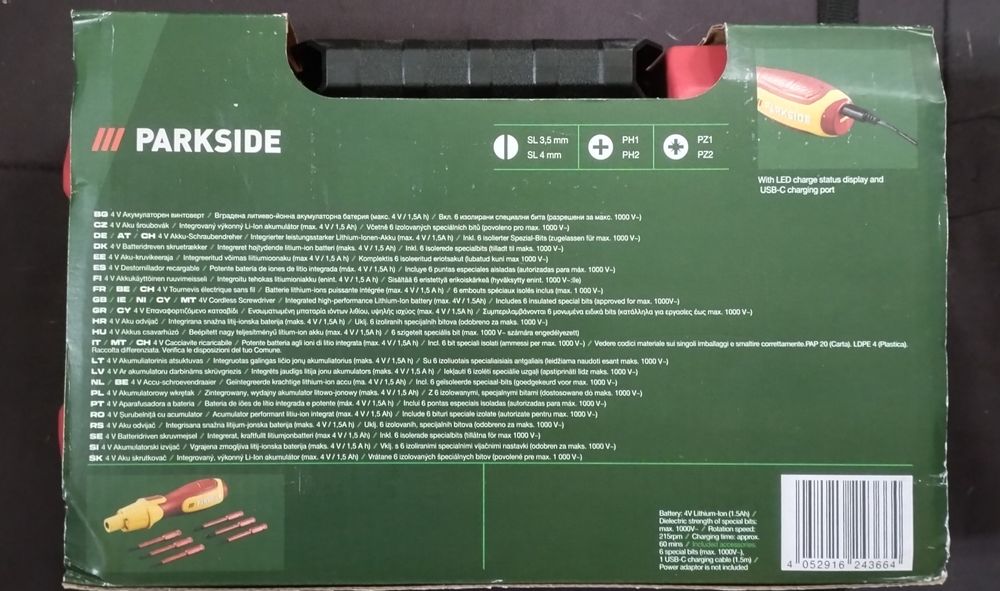 Chave fendas 4v Parkside com bits especiais até 1000V