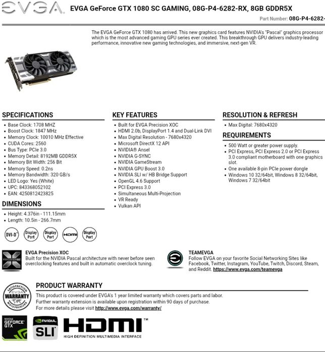 Placa gráfica Evga GeForce RTX 1080